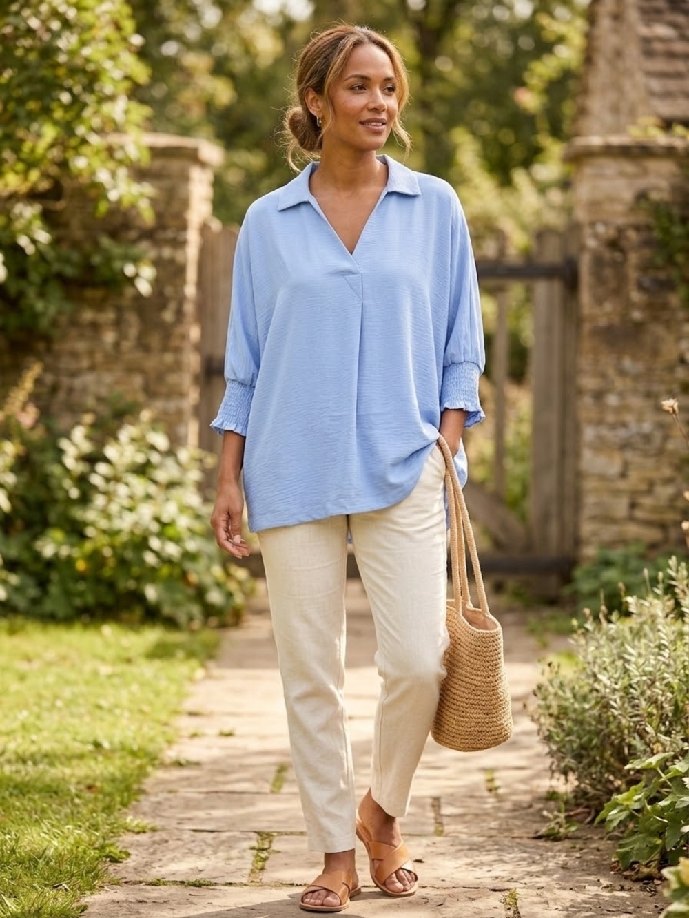 Zenana Blue V-Neck Airflow Collared Women's Top
